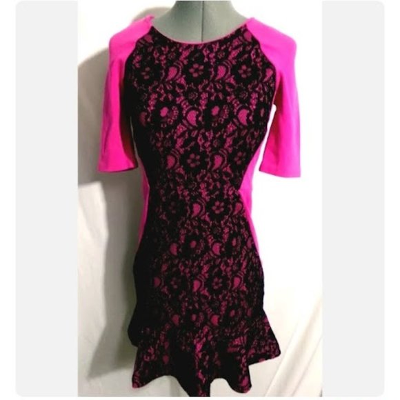 JUICY COUTURE Stretch knit Tulip retro Dress sz 0 Hot Pink Black Lace scoop neck - Picture 2 of 9